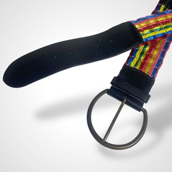 Chico's Wide Belt Women's Size L Colorful Ribbon Striped Black Leather 42-46 in - Picture 3 of 7